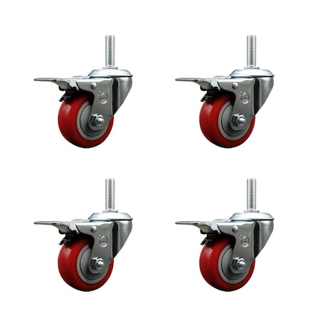 Service Caster 3 Inch Red Polyurethane Swivel 34 Inch Threaded Stem Caster Set with Total Lock Brake SCC-TSTTL20S314-PPUB-RED-34212-4